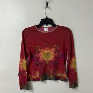 Red Graphic Long Sleeve Tee with Abstract Design